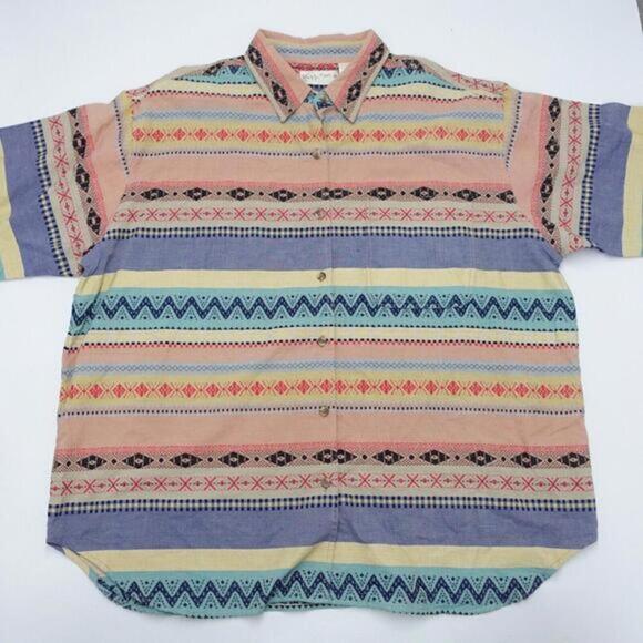 Kikomo Shirt Women's 22W Multicolor Aztec 100%‎ Cotton Short Sleeve Button-Up - Picture 1 of 6